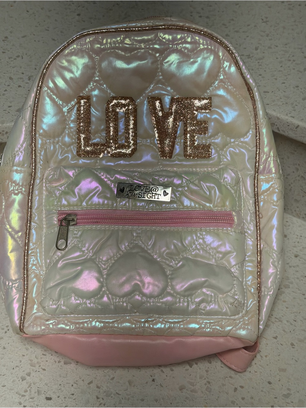 & Other Stories Iridescent Pink Mini Backpack with Glitter LOVE